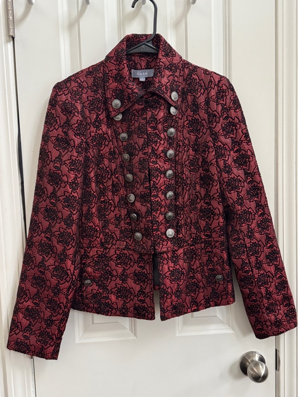 Cass Red Brocade Military-Style Blazer Jacket